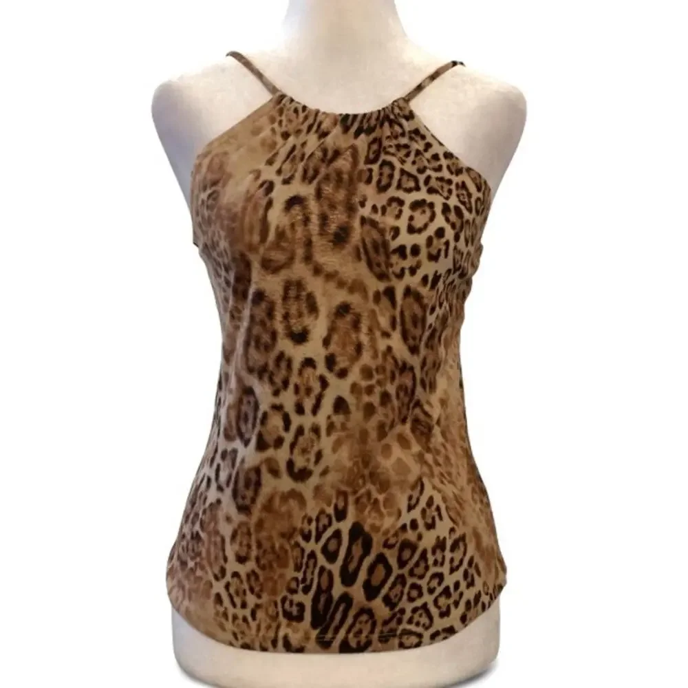 Y2K Leopard Cheetah Print Suede Textured Tank Top Size Small - Picture 1 of 3